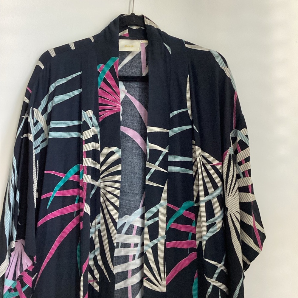 Maeve Kira Long Kimono Jacket Womens Size XS/S Black Tropical Floral Pockets